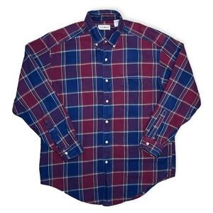LL BEAN 80s Vintage USA MADE Purple Plaid Flannel Shirt Sz Large Red Cotton Men
